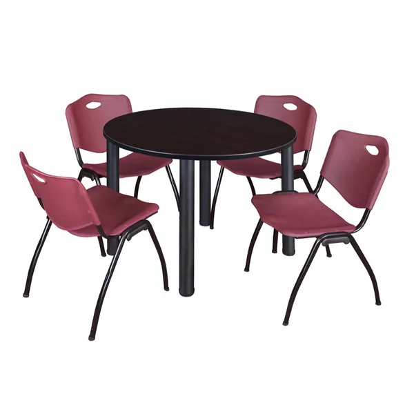 Regency TB48RNDMWBPBK47BK 48 in. Kee Round Breakroom Table - Mocha Walnut & Black & 4 M Stack Chairs - Black