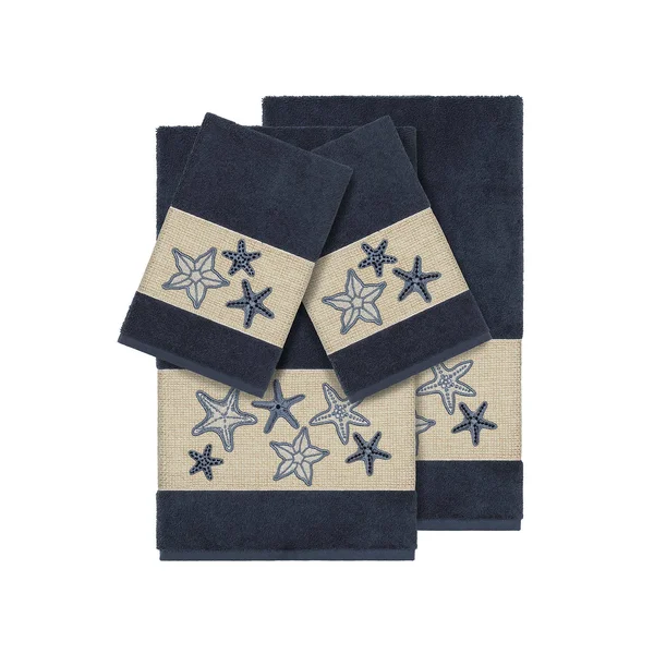 Linum Home Textiles Lydia 100% Turkish Cotton Embellished Towel Set Midnight Blue