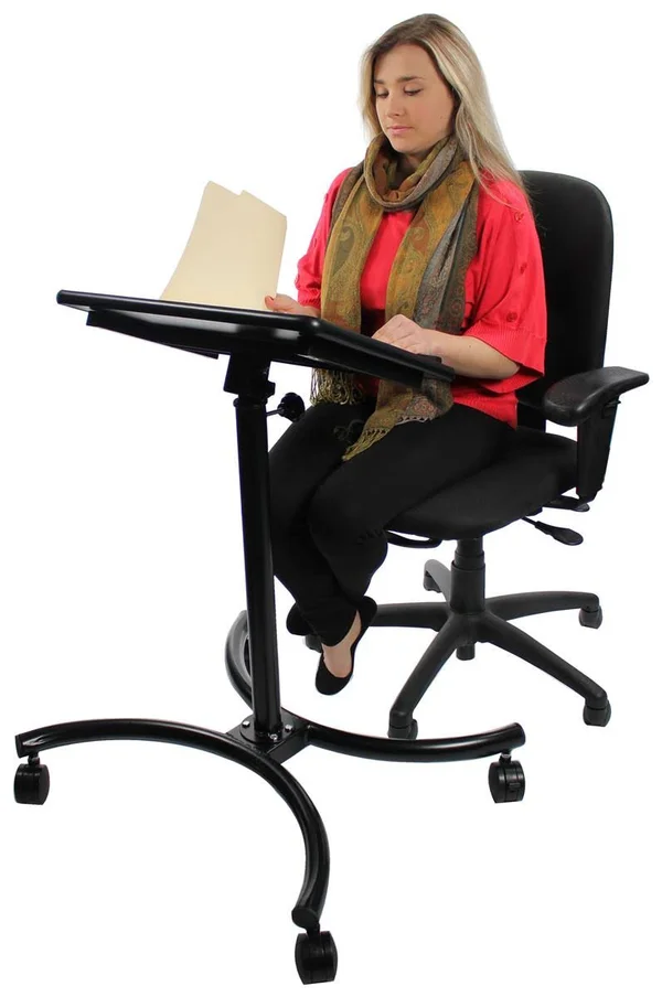 Displays2go Adjustable Laptop Stand with 20 x 16-inch Tilting Surface - Locking Casters, Contemporary Curved Base, Ergonomic Desi