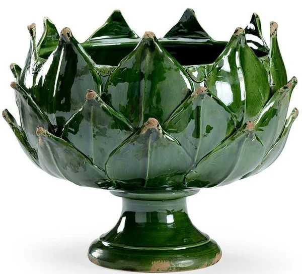 Bowl with Base Artichoke Leaf Worn Dark Green Glazed Polished Nickel Porcelain