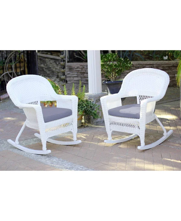 Jeco W00205R-C_2-FS033 Honey Rocker Wicker Chair with Steel Blue Cushion - Set of 2