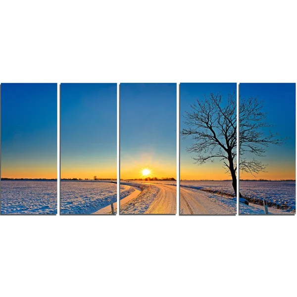 Design Art Distant Sunset in Winter - Landscape Photography Canvas Print - Yellow, 60 in. Wide x 32 in. High - 5 Panels Diamond