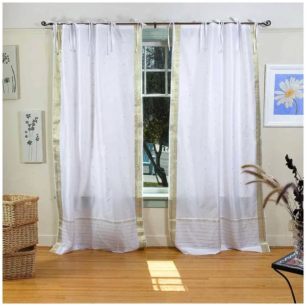 White with Gold Tie Top Sheer Sari Curtain, Drape, Panel - Piece