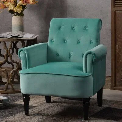 Velvet Button Tufted Roll Arm Accent Armchair with Solid Wood Legs House of Hampton Fabric: Teal Velvet