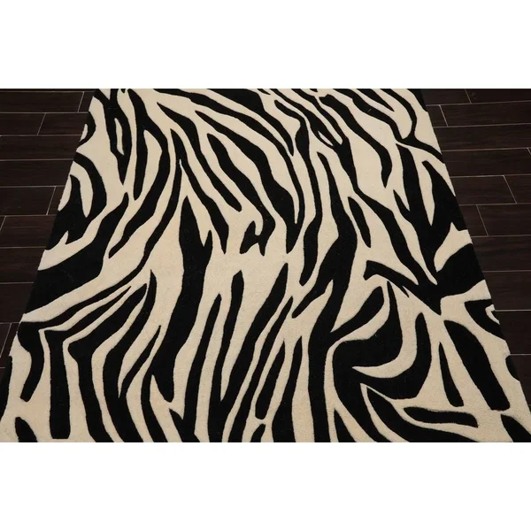5x8 Hand Tufted Hand Made 100% Wool Animal Print Modern & Contemporary Oriental Area Rug Black, White Color - 5& x 7& 11&&