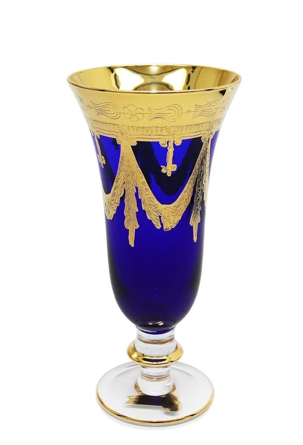 Interglass Italy Set of 6 Crystal Glasses - 24K Gold-Plated (Champagne Flutes, Blue)
