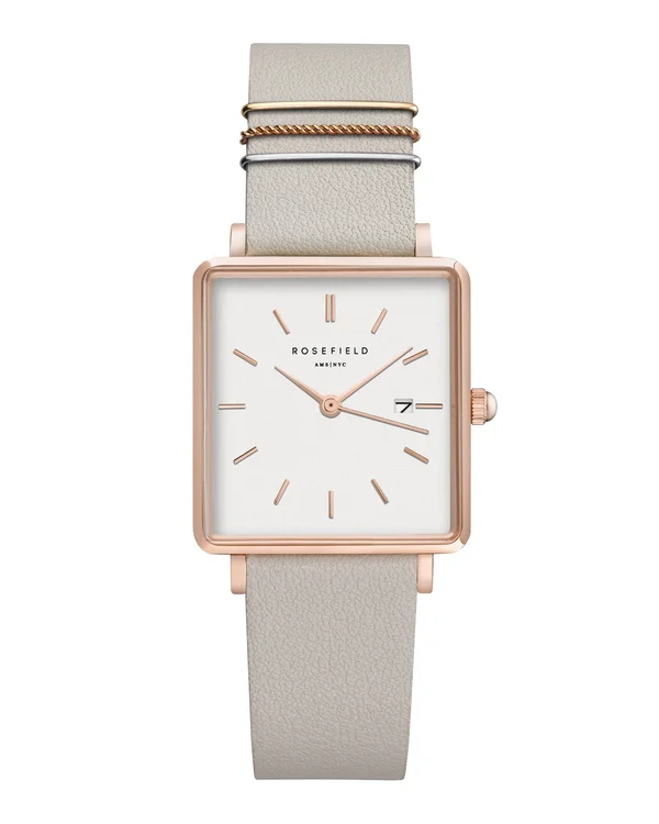 Rosefield The Boxy Square Watch Rose Gold Case Grey Leather Strap White Dial 26 x 28 mm QCGRG-Q028