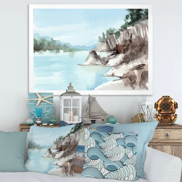 Designart 'Rocks by The Blue Lake' Lake House Framed Art Print - 20 in. Wide x 12 in. High - White