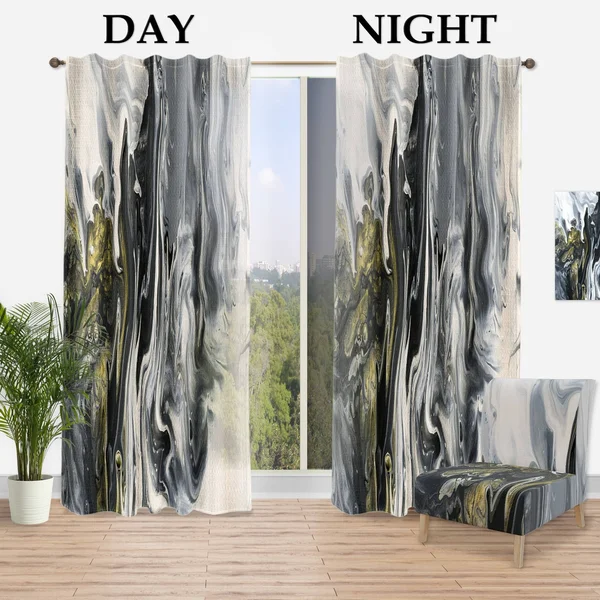 Designart &White - Grey and White Hand Painted Marble Acrylic& Mid-CenturyCurtain Panel - 52 in. Wide x 84 in. High - 1 Panel
