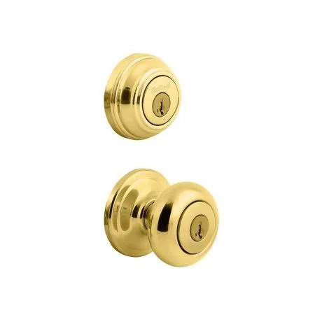 Juno Polished Brass Exterior Entry Door Knob and Single Cylinder Deadbolt Combo Pack Featuring SmartKey Security