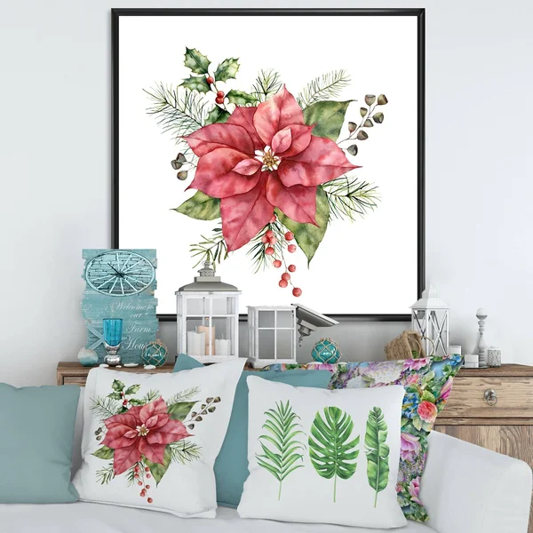 Designart &Holly Mistletoe Berries & Christmas Fir Branch II& Traditional Framed Canvas Wall Art Print - 36 in. Wide x 36 in