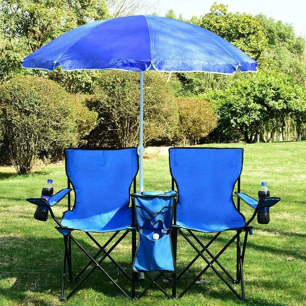 Costway Portable Folding Picnic Double Chair w/Umbrella Table Cooler Beach