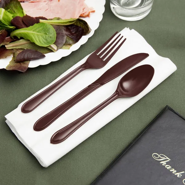Hoffmaster 119975 CaterWrap 17x22 x 17x22 Pre-Rolled Earthtone Linen-Like White Napkin and Brown Heavy Weight Plastic Cutlery Se