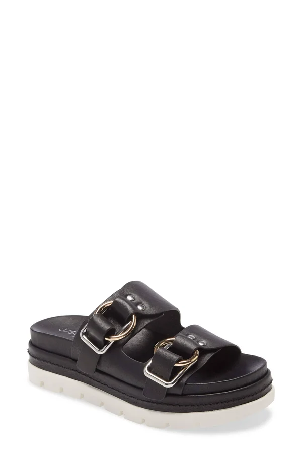 J/Slides Women's Baha Platform Slide Sandals 8.5, Black Leather