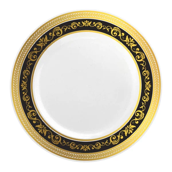 Royal 10.25x22 White with Black and Silver Rim Disposable Plastic Dinner Plates - Posh Party Supplies