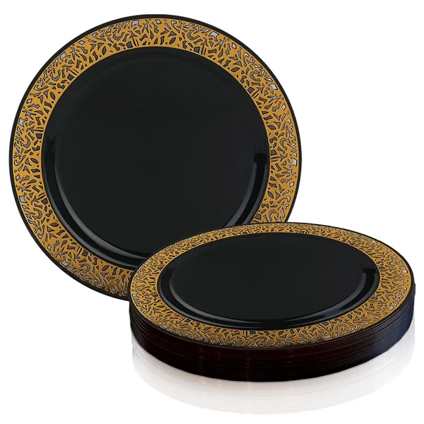 Shiny Lace Rim Disposable Plastic Plate Packs - Party Supplies (Black with Gold Rim - 120pcs - Salad Plates)