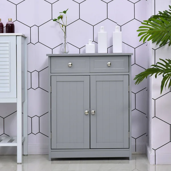 Kleankin Freestanding Bathroom Storage Cabinet Organizer Floor Tower with 2 DOOR - 2 Drawers, Adjustable Shelf, Grey