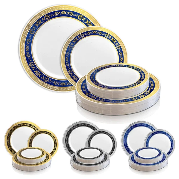 Royal 10.25x22 White with Black and Silver Rim Disposable Plastic Dinner Plates - Posh Party Supplies