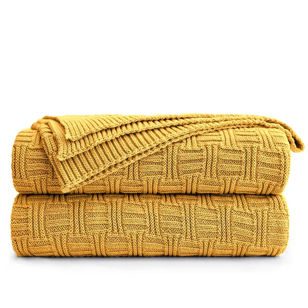 Longhui Bedding Cotton Mustard Yellow Knit Throw Blanket for Couch Sofa Beach Chair Bed Home Decorative Soft Warm Cozy Cable Lig