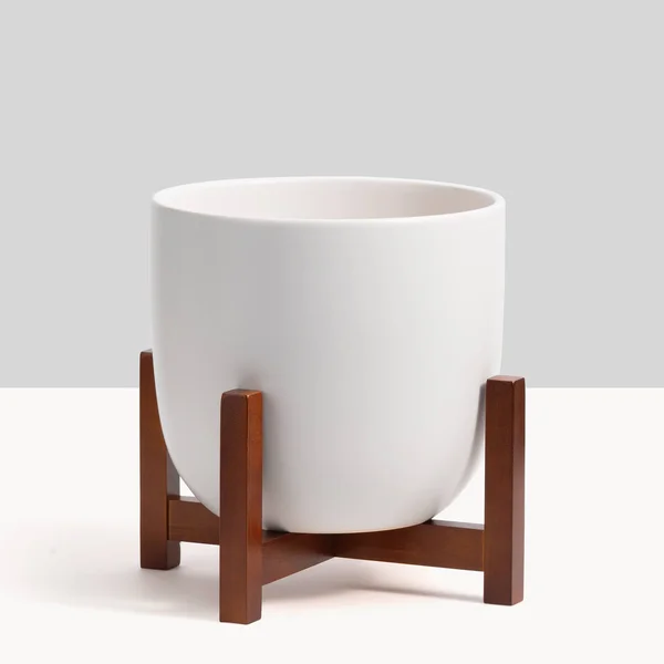 Peach & Pebble - Contour Ceramic Planter + Wood Stand Forest Green, Medium, 12 inch