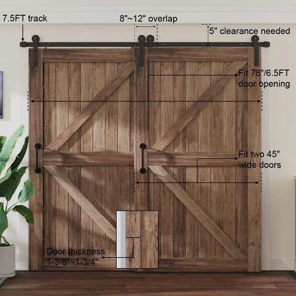 winsoon 7.5 ft./90 in. Single Track Bypass Sliding Barn Door Hardware Kit for Double Doors Low Ceiling, Frosted Black