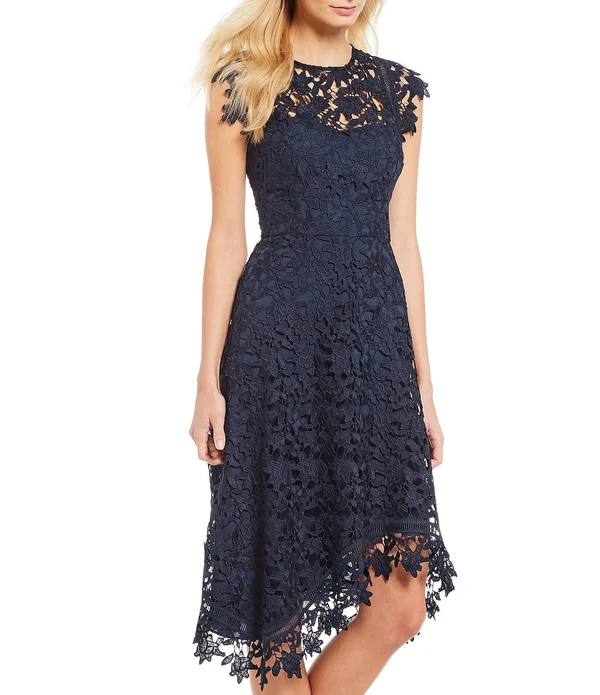 Women's Eliza J Asymmetrical Lace Fit & Flare Dress - Size 8 - Blue