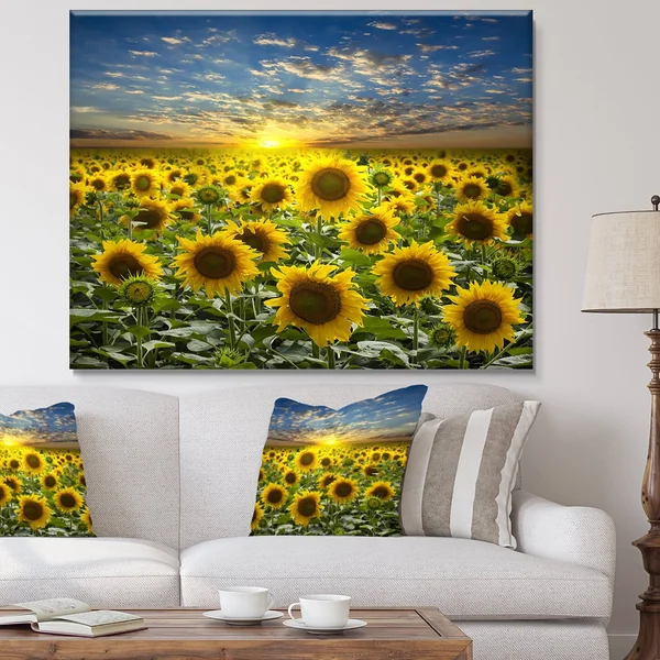Design Art Field of Blooming Sunflowers Photographic Print on Wrapped Canvas, Green