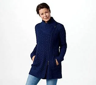 Aran Craft Pet Merino Wool Long Asymmetric Zipfront Sweater - Size X-Large, Midnight
