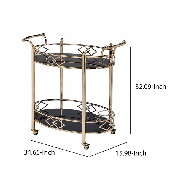 Benzara Metal Framed Serving Cart with Tempered Glass Top and Open Bottom Shelf - Gold and Black