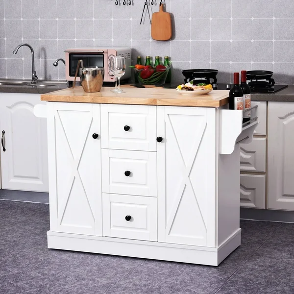 HOMCOM Wooden Mobile Kitchen Island Cart with Drawers and Wheels - White