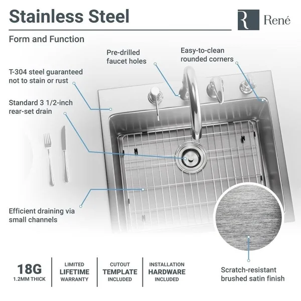 Rene R1-2015-18 Single Bowl Topmount 3/4x22 Radius Stainless Steel Kitchen Sink in 18-Gauge with Grid and Basket STRAINER