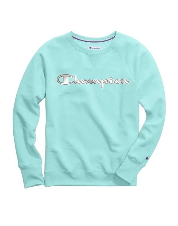 Champion Women's Powerblend Fleece Crew, Chainstitch Logo Amazing Aqua, M