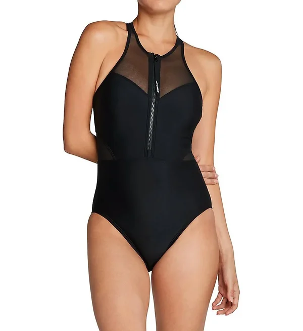 Speedo Women's Zip Front One Piece Swimsuit, Size 12, Black