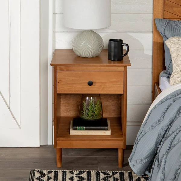 Walker Edison Furniture Company Classic Mid Century Modern Caramel 1-Drawer Solid Wood Nightstand Side Table