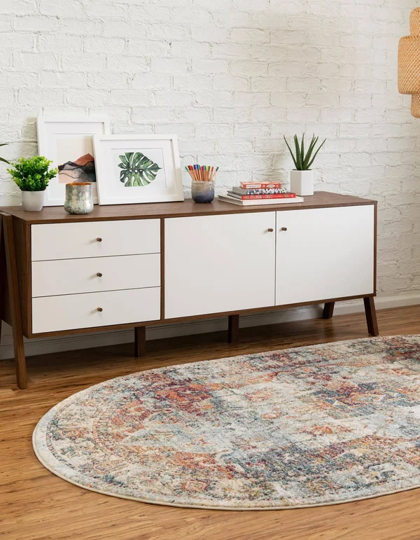 Unique Loom Isabella High-Low Pile Border Rug 5& x 8& Oval Ivory/Multi