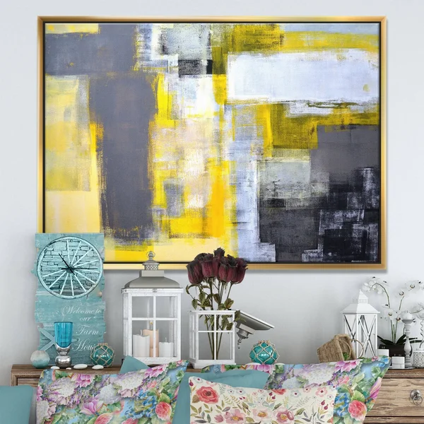 Designart Grey and Yellow Blur Abstract- Abstract Framed Canvas Art Print in Gold - FL6269-46-36-GD
