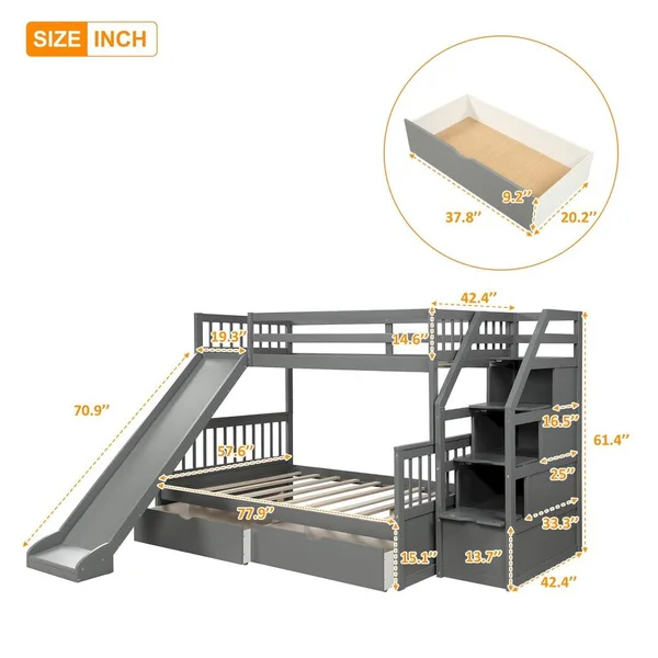 Euroco Wood Stairway Twin Over Full Bunk Bed with 3 Storage Drawers in - Black