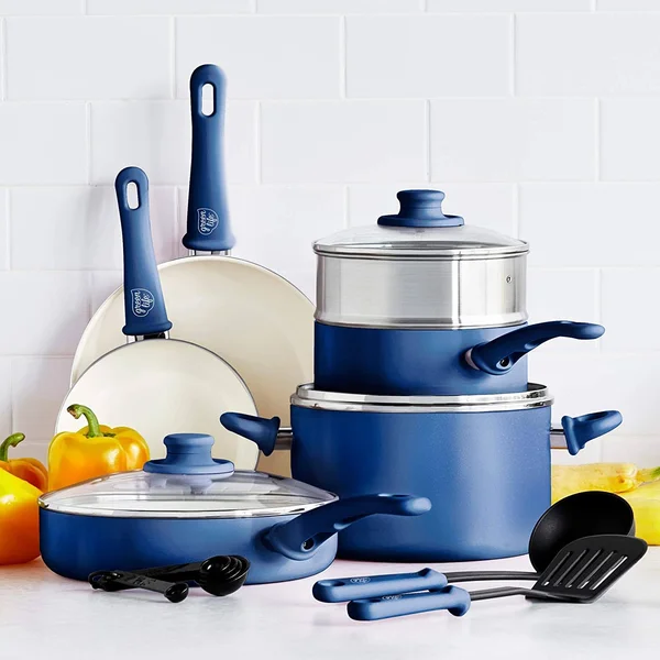Greenlife Soft Grip Healthy Ceramic Nonstick Blue Cookware Pots and Pans Set, 12-Piece