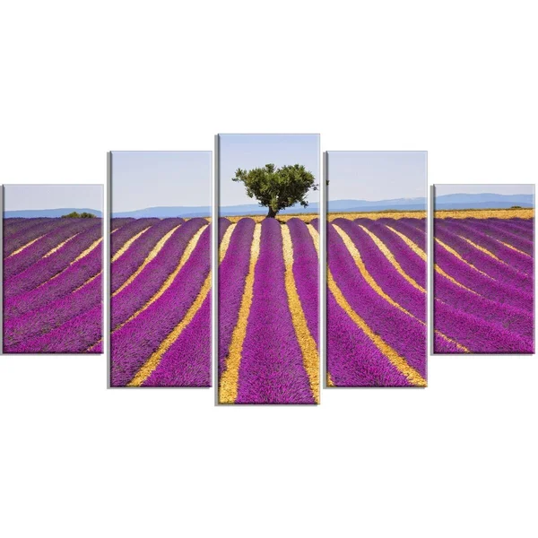 Design Art 'Lavender and Lonely Tree Uphill' 4 Piece Photographic Print on Wrapped Canvas Set - Purple
