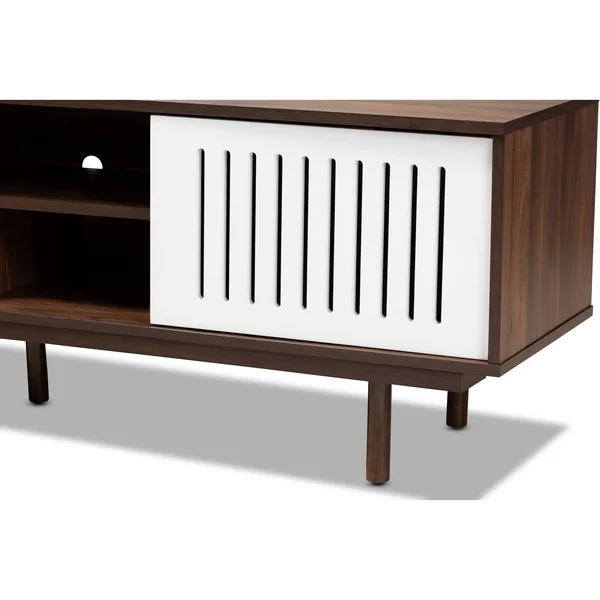 Baxton Studio Meike Mid-Century Modern Two-Tone Walnut Brown and White Finished Wood TV Stand