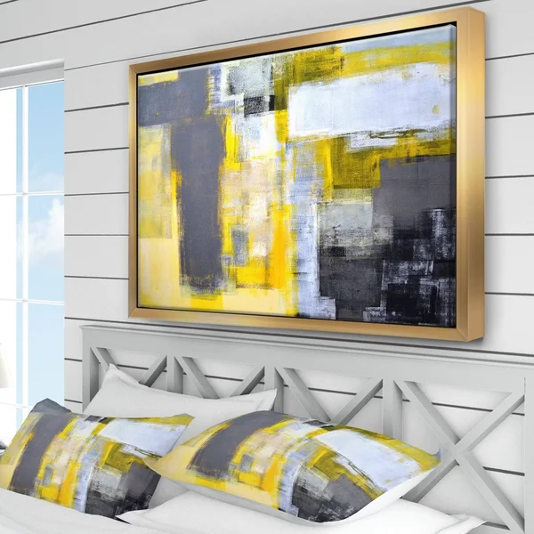 Designart Grey and Yellow Blur Abstract- Abstract Framed Canvas Art Print in Gold - FL6269-46-36-GD