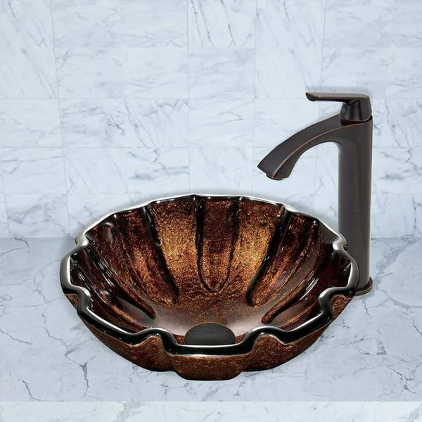 Vigo VGT421 Walnut Shell Glass Sink and Vessel Linus Faucet Set in Antique Rubbed Bronze