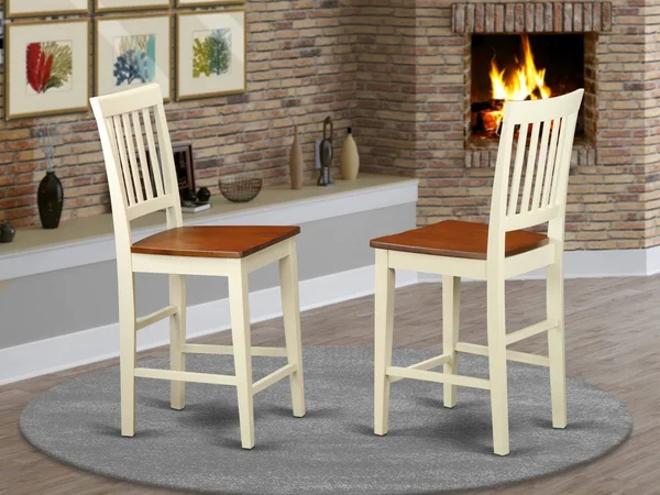 East West Furniture Vernon Counter Height Stools with Wood Seat - Buttermilk & Cherry Finish. - Set of 2