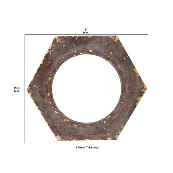 Rustic Style Wooden Wall Mirror with Hexagonal Frame, Silver and Brown