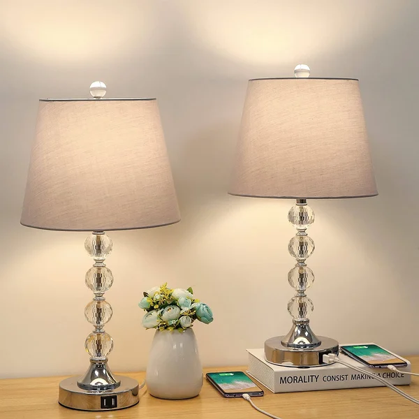 Bedside Crystal Table Lamps Set of 2 with Dual USB Charging Ports, Boncoo Modern