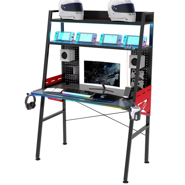 Eureka Ergonomic 43 inch LED Gaming Desk with 2-Tier Shelves and Pegboard for Gaming Accessories - Home Computer Desks for Small