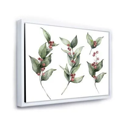 Christmas Set with Branches and Red Berrie - Painting on Canvas East Urban Home Format: White Floater Frame - Size: 30x22 H x 40x