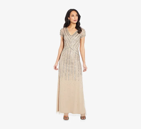 Adrianna Papell Long Beaded Dress - Beige, Size: 20