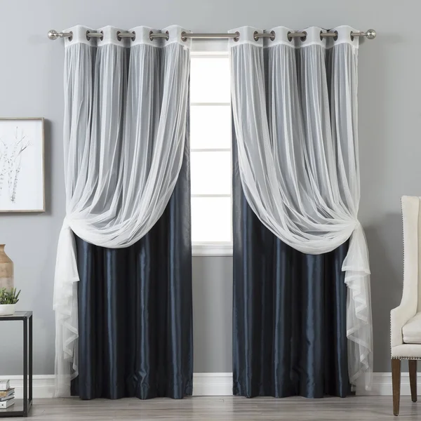 Aurora Home Mix & Match Faux Silk Blackout Tulle Sheer 4 Piece Panel Curtain Set - 52x84 - Navy