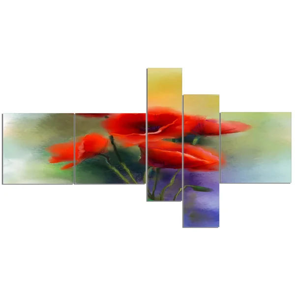 Designart 'Watercolor Red Poppy Flowers ' Floral Canvas Art Print - 60 in. Wide x 32 in. High - 5 Panels
